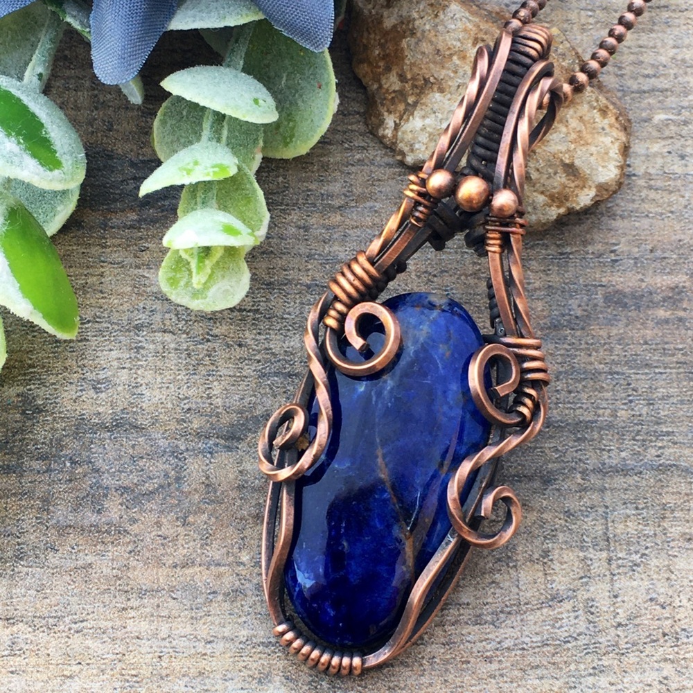 Sodalite copper wire wrapped pendant necklace